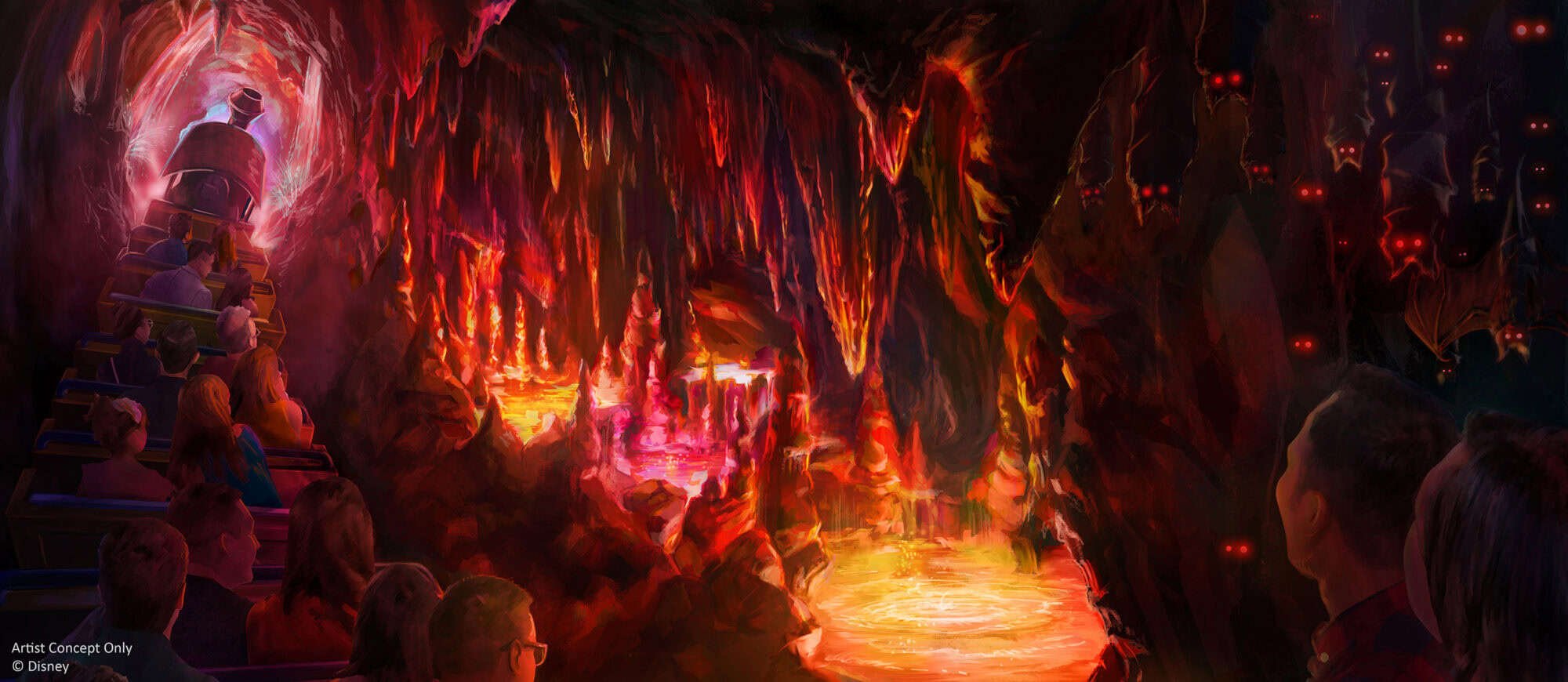 Cavern scene in big thunder mountain railroad attraction with roller coaster going up a lift hill