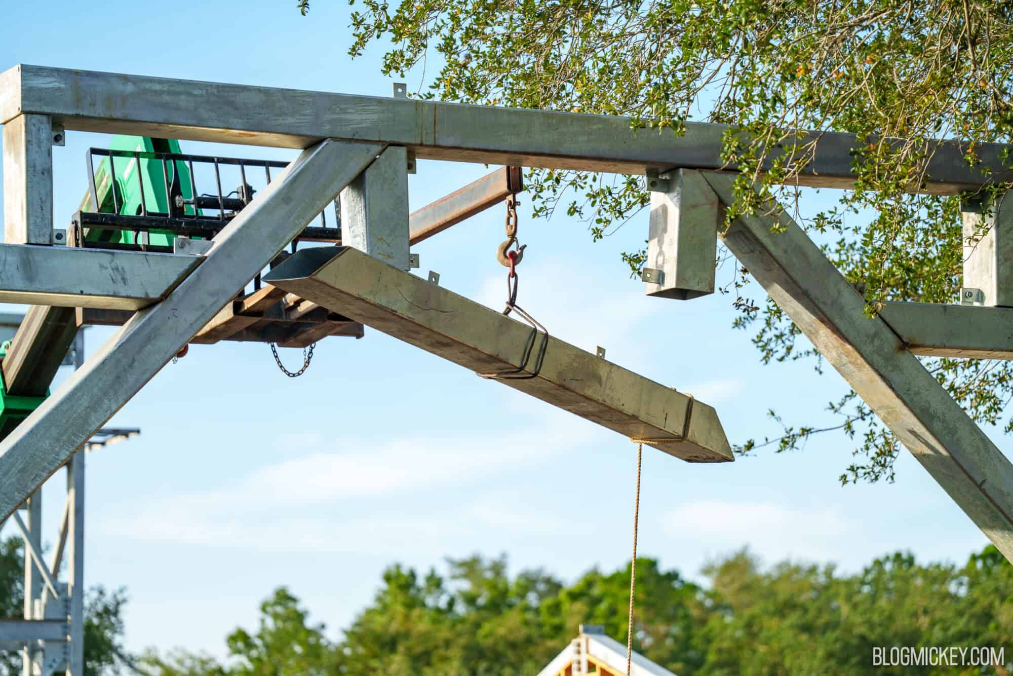 Wooden structure for Tropical Americas entrance archway under construction.