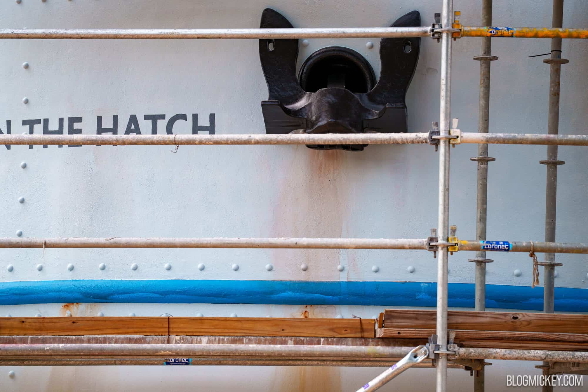 Close-up of ship's bow with scaffolding at Echo Lake in Disney World.