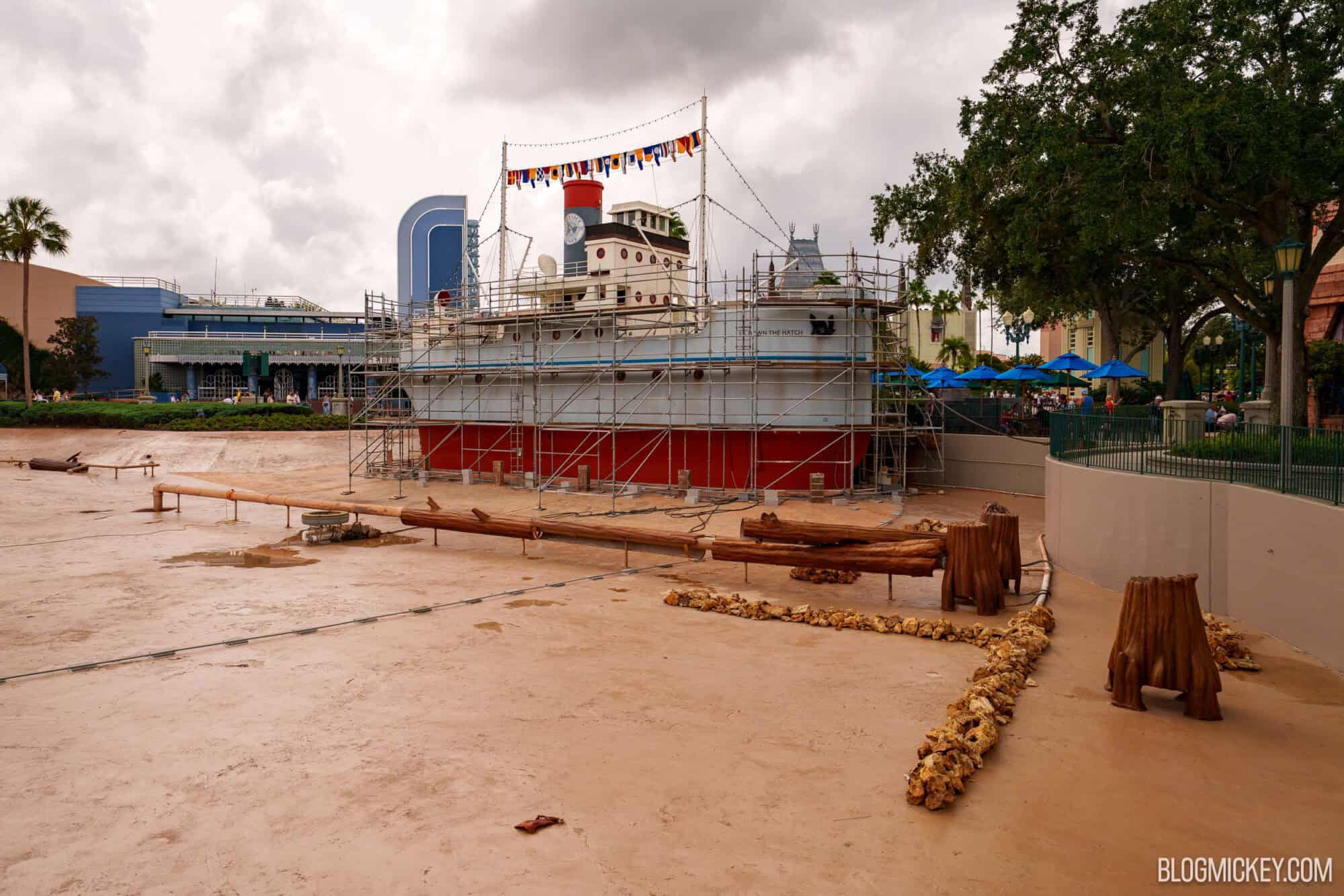Repainted ship at Echo Lake with rust marks on dockside diner ship.
