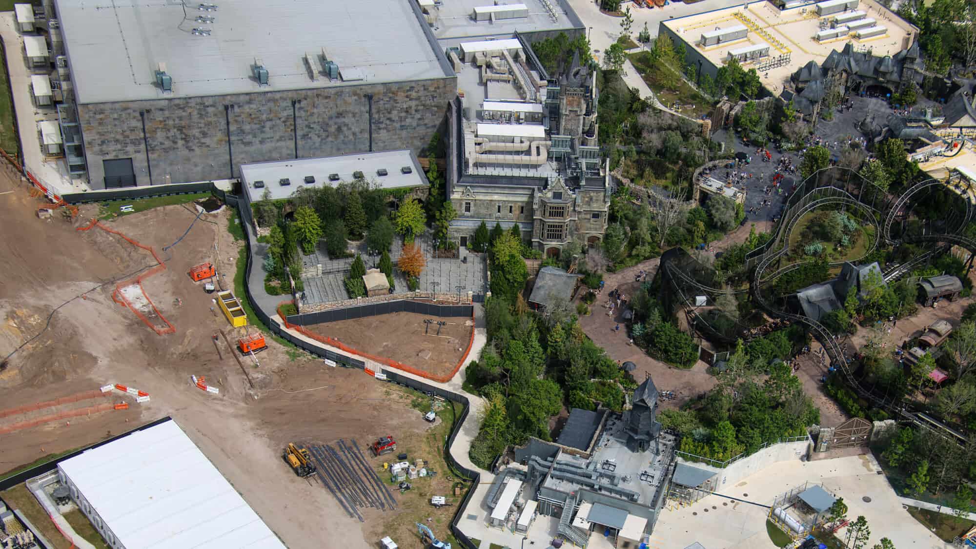 Construction site with foundation work for Disney's Dark Universe ride.
