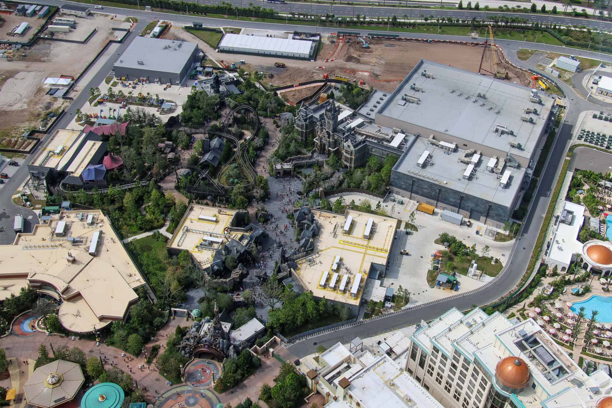 Aerial view of foundation work for Disney's Dark Universe ride at Disney World.