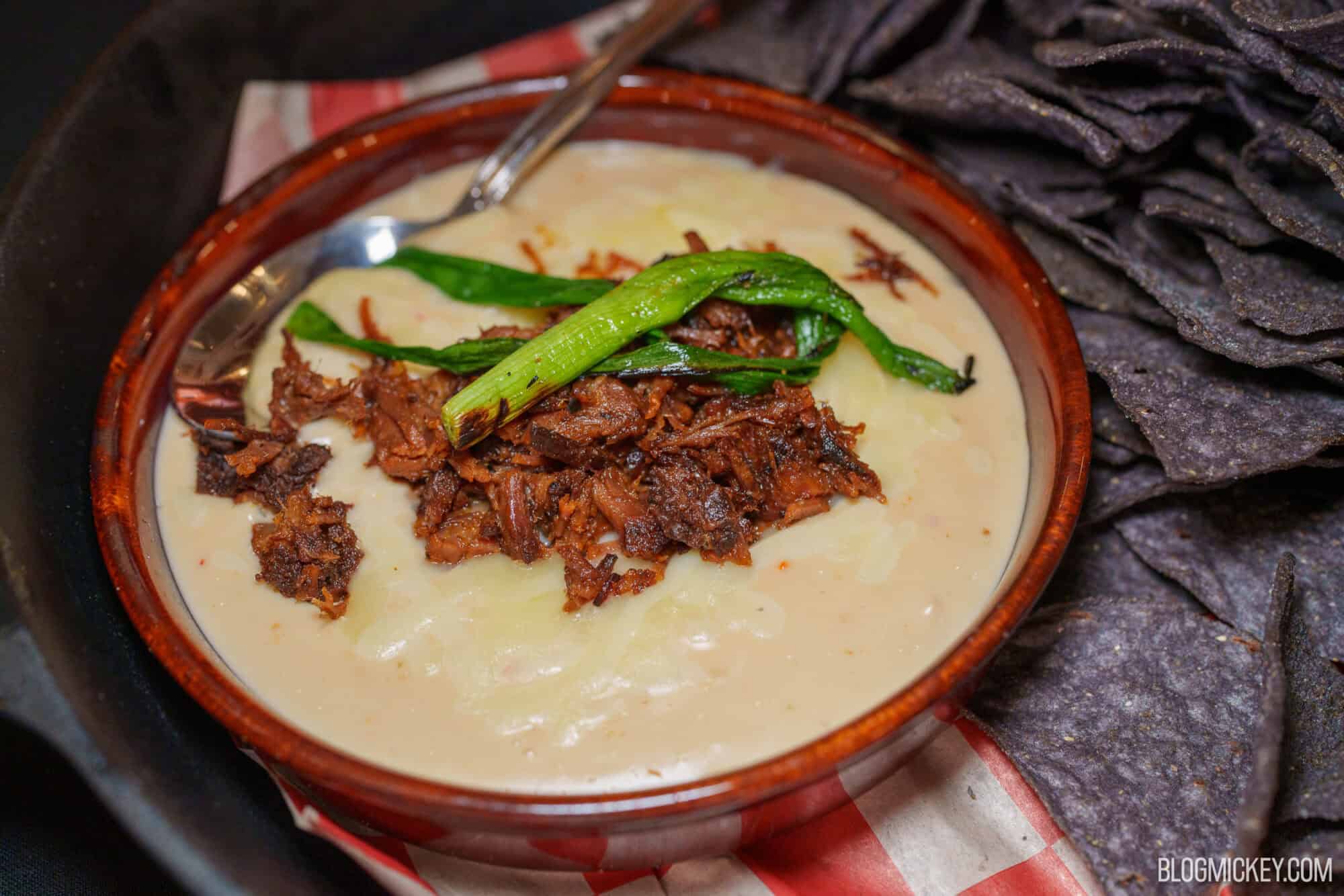 Close-up of creamy beef dip with green onions in a bowl at Magic Kingdom.