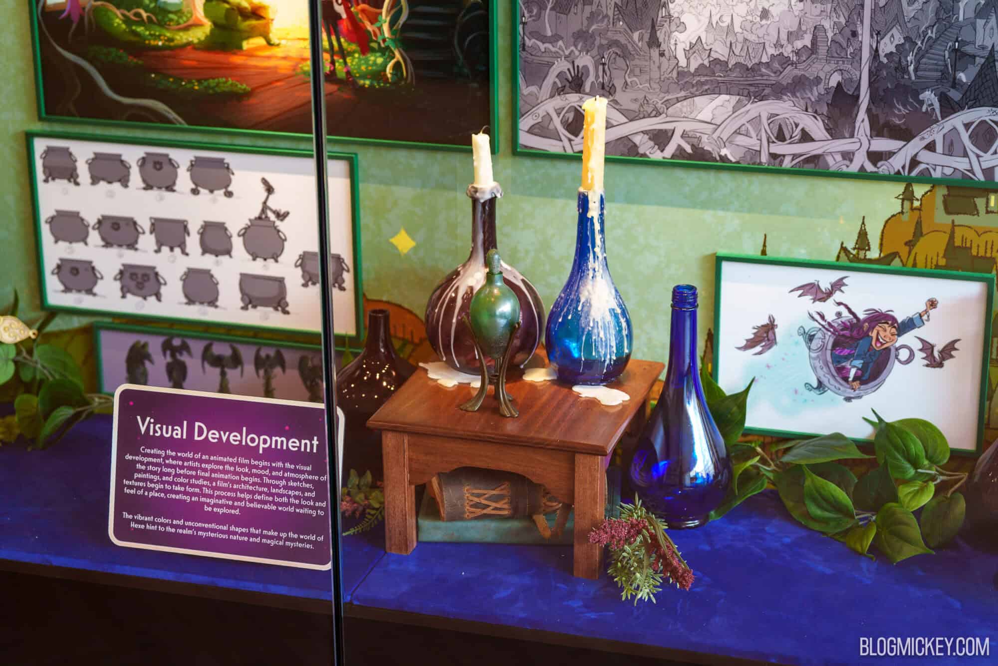 Display of colorful art maquettes and concept pieces at Hollywood Studios.