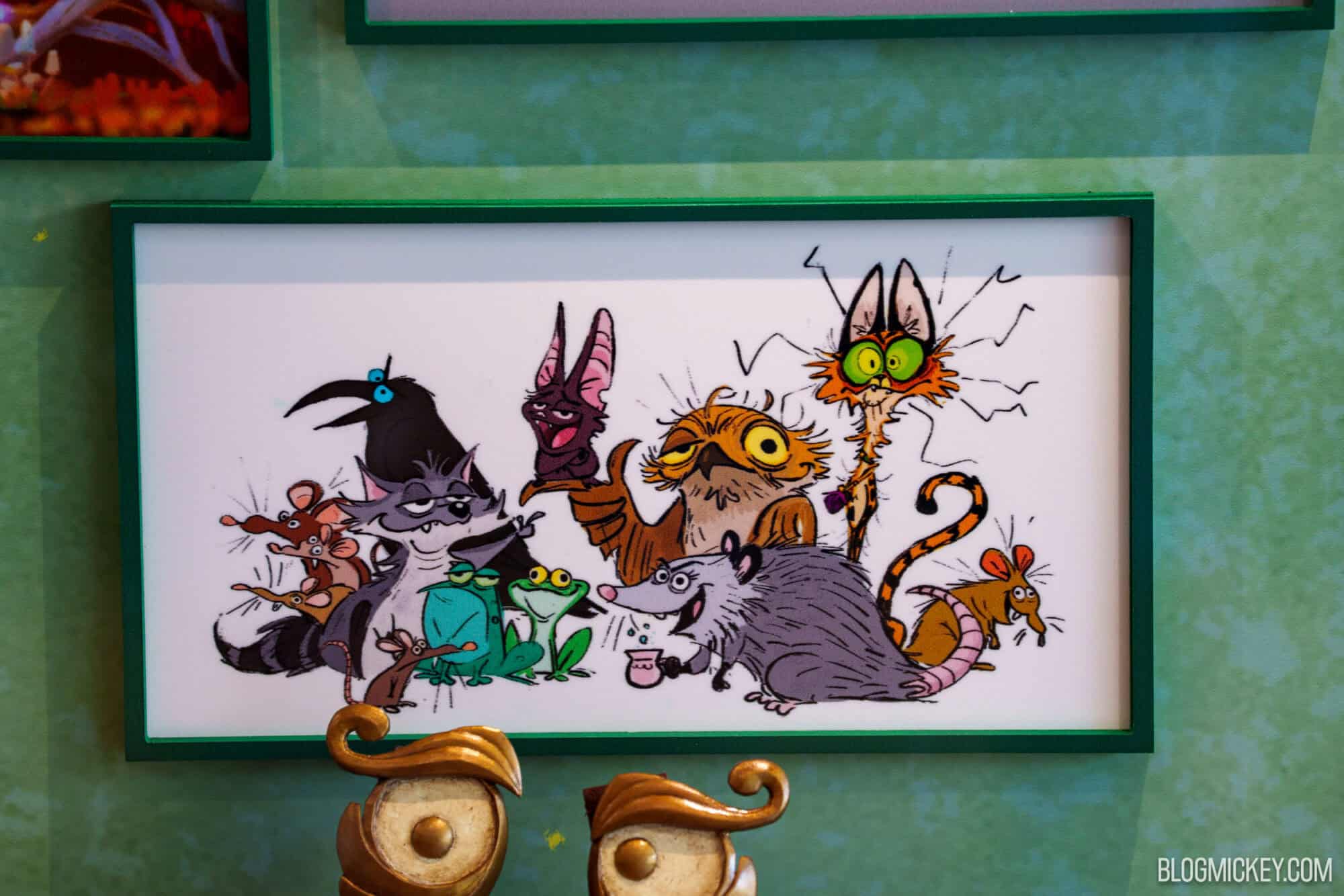Display of colorful animated creature character maquettes at Hollywood Studios.