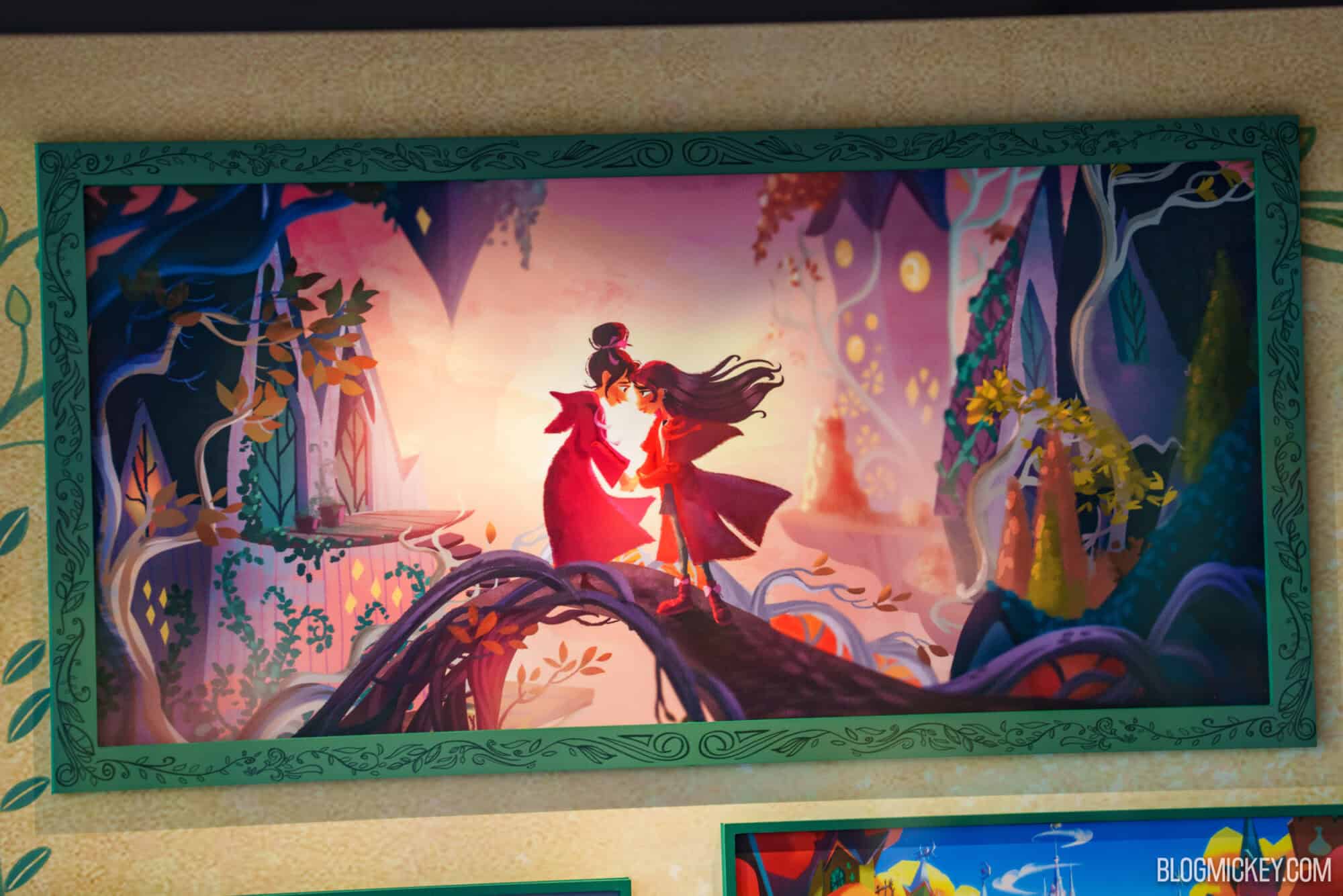 Illustration of two characters in red cloaks on a vibrant fantasy bridge.