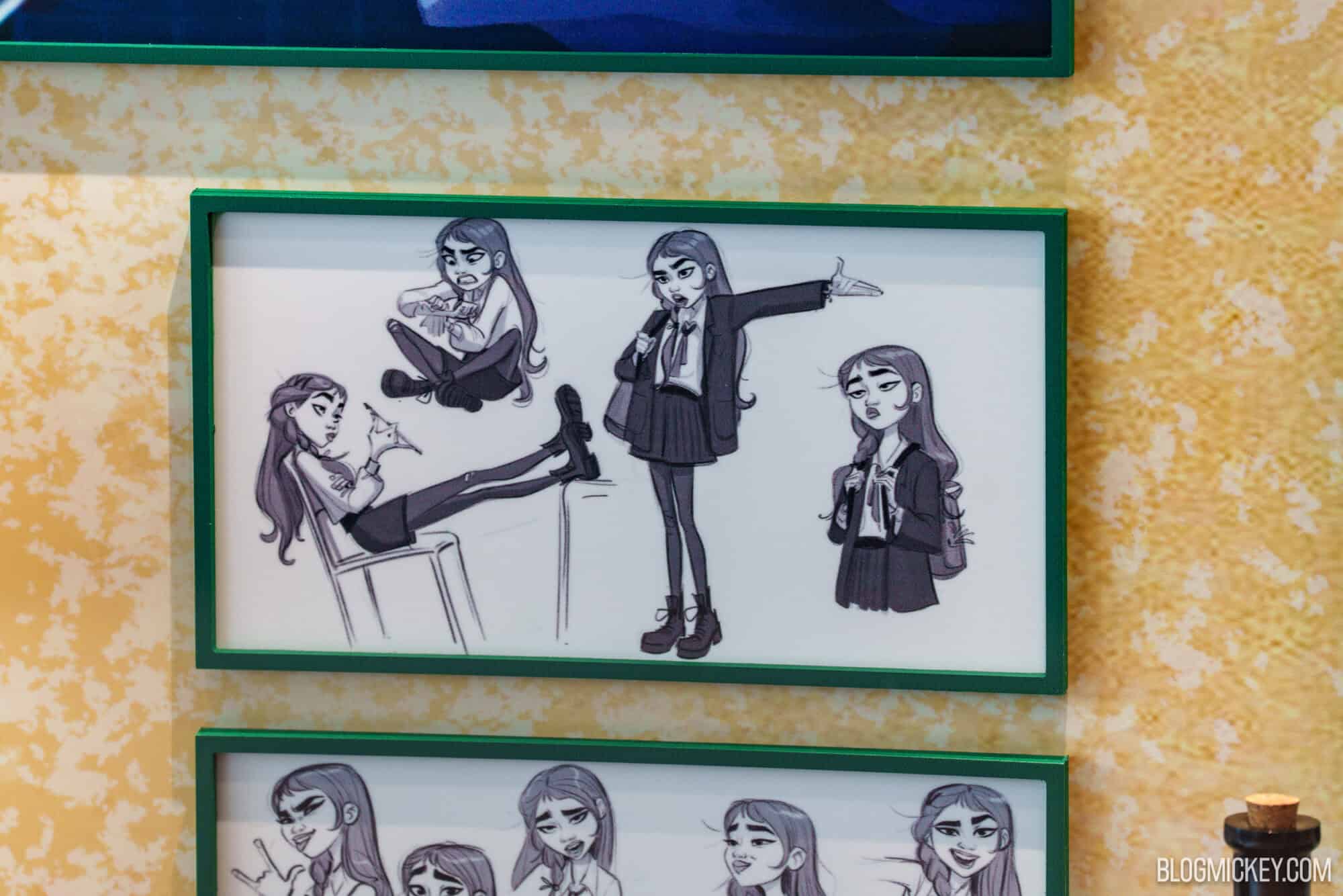 Disney character maquettes and concept art on display at Hollywood Studios.