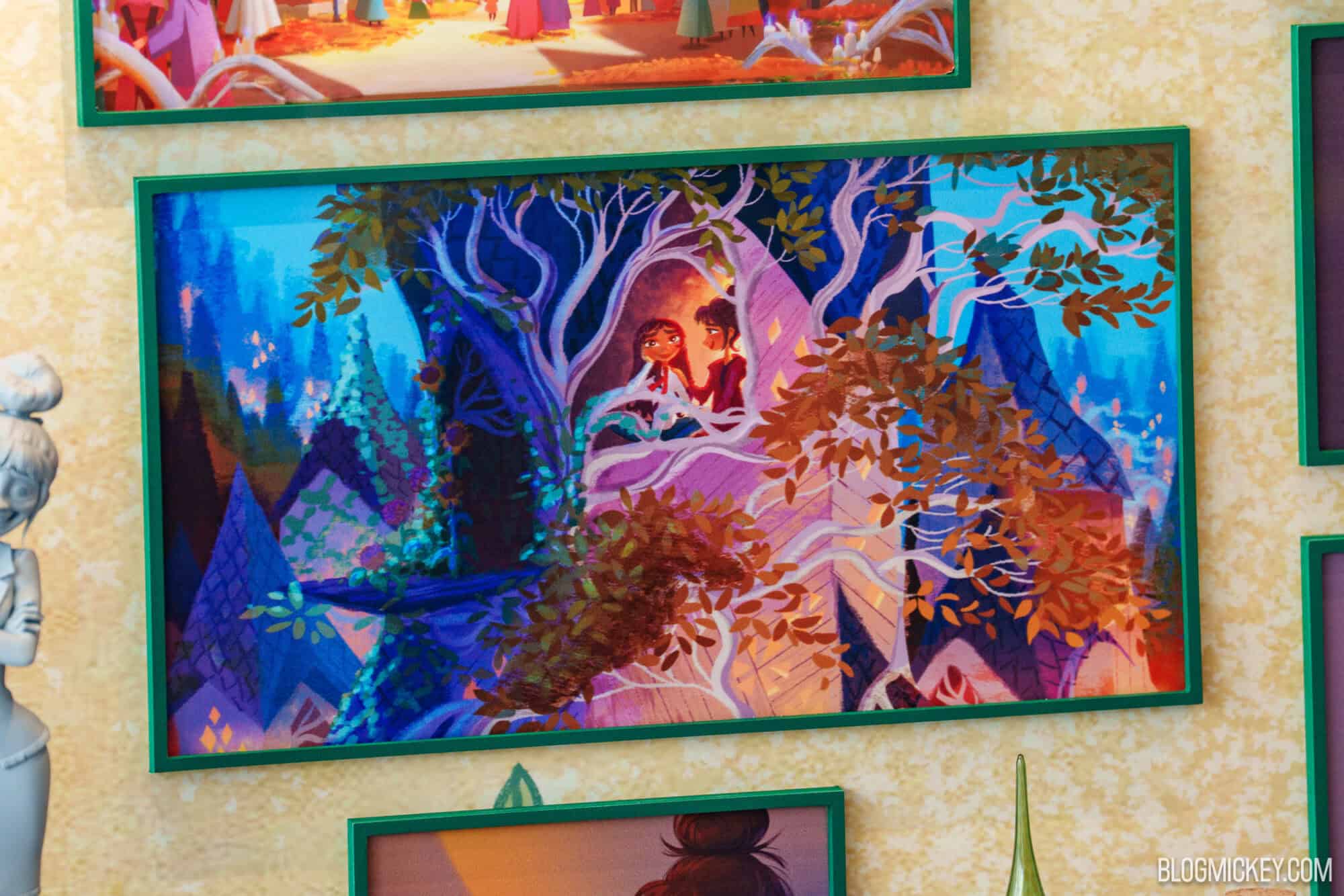 Concept art of magical forest with characters in a glowing landscape.