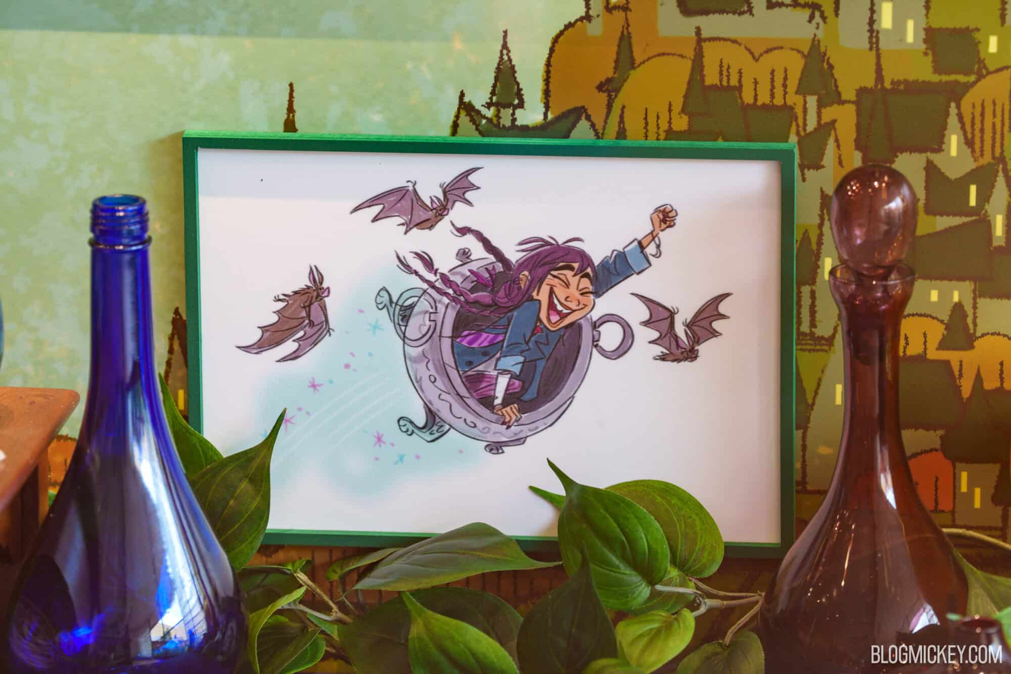 Illustration of a sorcerer riding a magical orb with bats around.