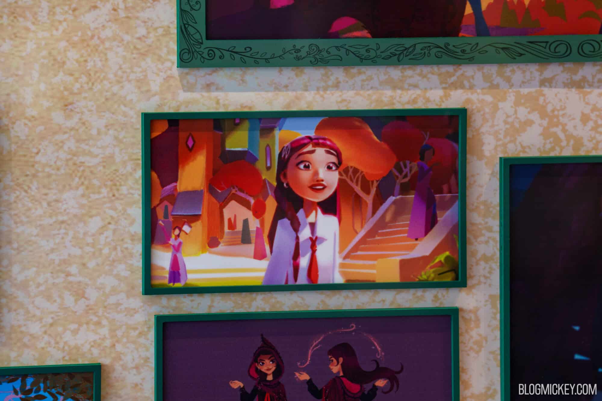 Disney character maquettes on display at Hollywood Studios featuring vibrant concept art.