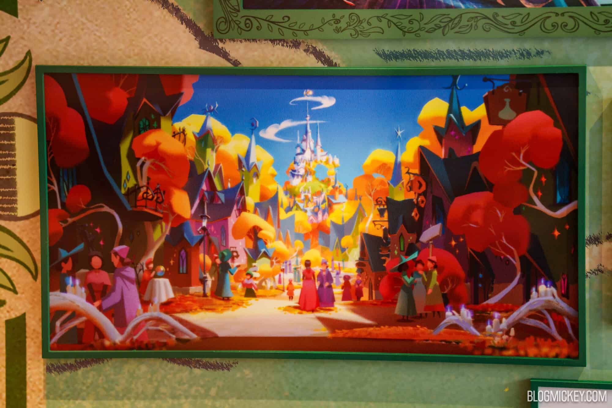 Hexed character maquettes and concept art on display at Hollywood Studios with vibrant colors.