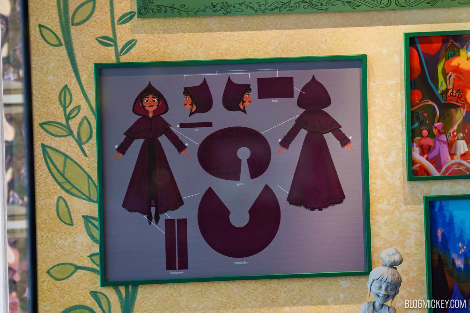 Disney character maquettes and concept art on display at Hollywood Studios.