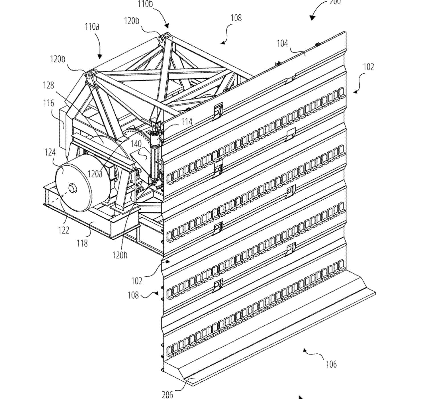Technical drawing of a flying theater ride mechanism with supporting framework and propulsion unit.